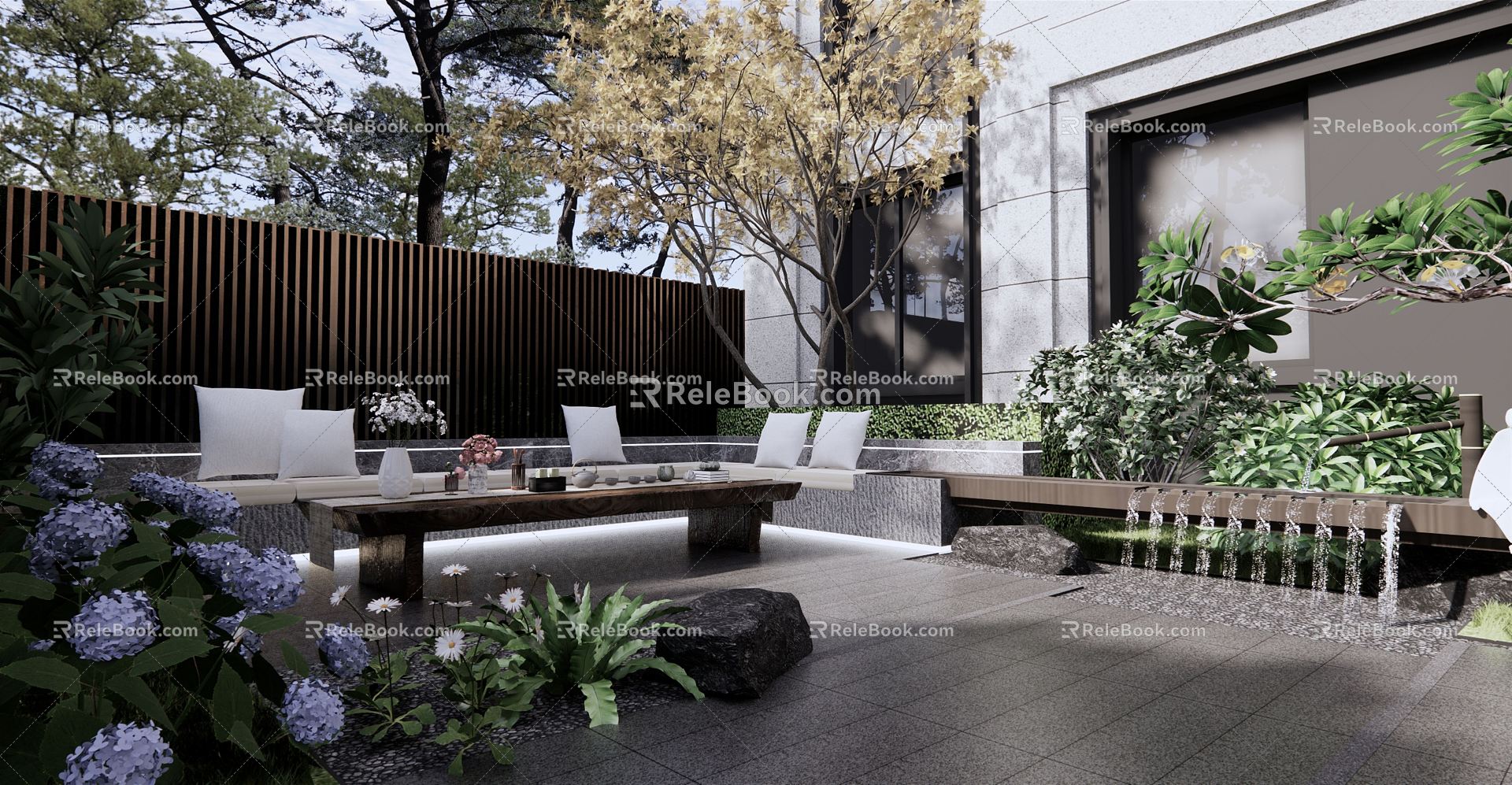 Modern Courtyard Model Room Zen Courtyard Garden Sofa Card Seat Tea Table Running Water Waterscape Zen Flower Border Plant Combination model