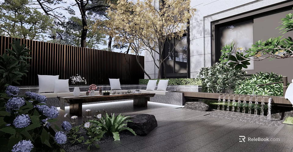 Modern Courtyard Garden with Outdoor Sofa Coffee Table Lush Plants Trees and Gray Stone Slabs 3d model 