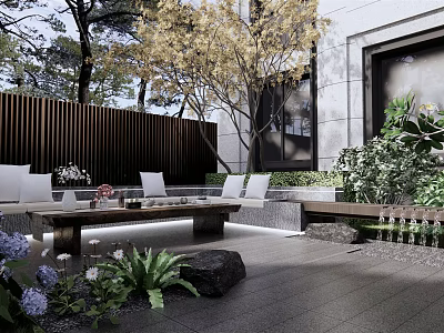 Modern Courtyard Garden with Outdoor Sofa Coffee Table Lush Plants Trees and Gray Stone Slabs 3d model
