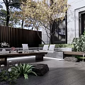Modern Courtyard Garden with Outdoor Sofa Coffee Table Lush Plants Trees and Gray Stone Slabs