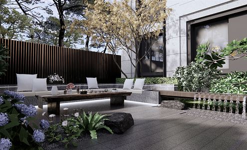 Modern Courtyard Model Room Zen Courtyard Garden Sofa Card Seat Tea Table Running Waterscape Zen Flower Border Plant Combination 3d model