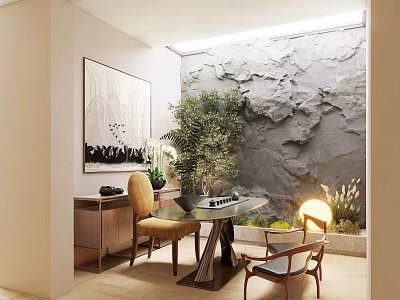 Modern Tea Room Interior Design With Plants And Textured Wall 3d model