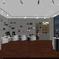 Accessories Store Interior with Display Shelves Round Showcases Wooden Floors and White Walls