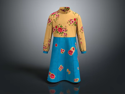 Traditional Chinese Robe With Yellow Floral Upper And Blue Decorative Lower Section 3d model