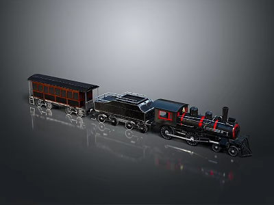 Detailed Vintage Steam Train Model with Black Red Locomotive and Passenger Carriages 3d model
