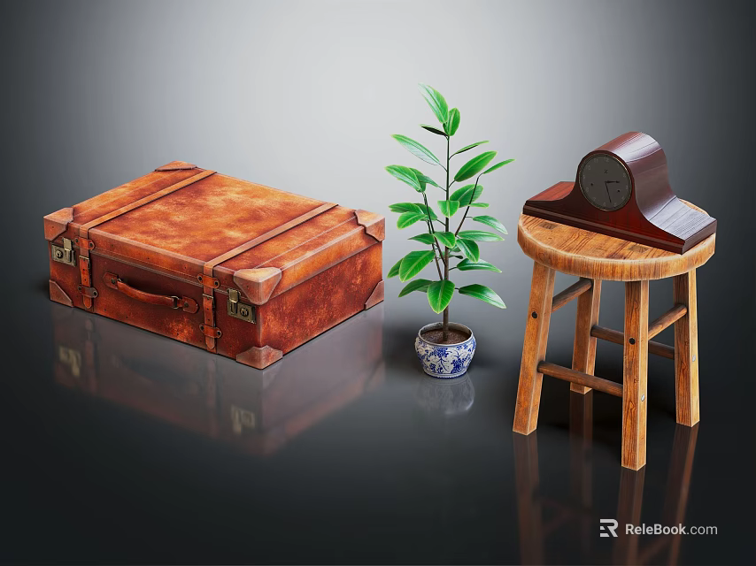 Brown Leather Suitcase With Green Plant And Wooden Stool With Clock 3d model 