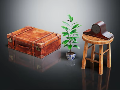 Brown Leather Suitcase With Green Plant And Wooden Stool With Clock 3d model