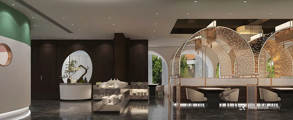 Modern Restaurant Interior Design With Dark Wooden Walls Arched Doorways And Natural Light 3d model 