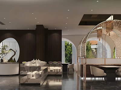 Modern Restaurant Interior Design With Dark Wooden Walls Arched Doorways And Natural Light 3d model