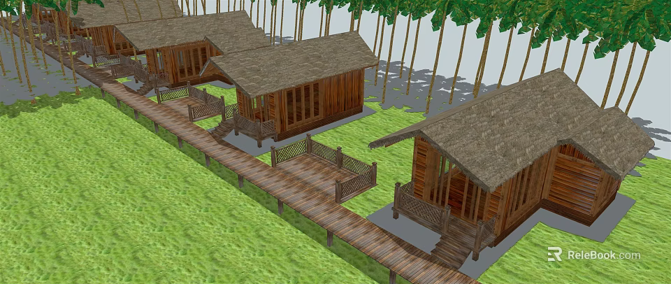 Wooden Guesthouses with Thatched Roofs Surrounded by Green Lawn Trees and Wooden Walkway 3d model 