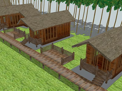 Wooden Guesthouses with Thatched Roofs Surrounded by Green Lawn Trees and Wooden Walkway 3d model