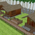 Wooden Guesthouses with Thatched Roofs Surrounded by Green Lawn Trees and Wooden Walkway