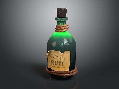 Green Glass Rum Bottle With Rope Wrapped Cork And Glowing Effect 3d model