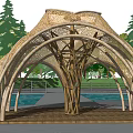 Thatched House Bamboo Structure Arched Roof Waterfront Platform With Trees Grass Blue Sky White Clouds