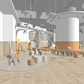 Modern Kindergarten Interior With Kids Playing Orange White Furniture Wooden Elements And Round Area