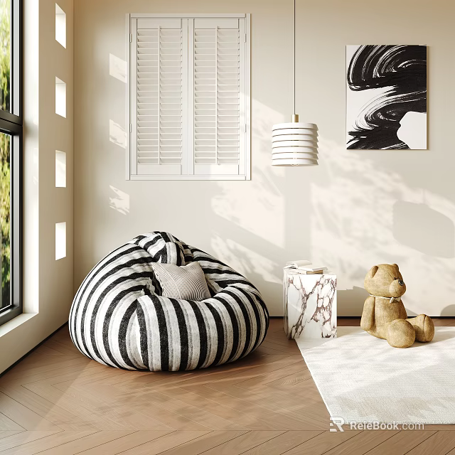 Black And White Striped Bean Bag Chair In Cozy Interior With Marble Side Table And Teddy Bear 3d model 