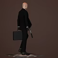 Man in Black Suit with Red Tie Holding Gun and Briefcase Standing Against Brown Background