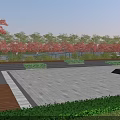 Vibrant Campus Landscape With Red Trees Green Vegetation And Students In Plaza