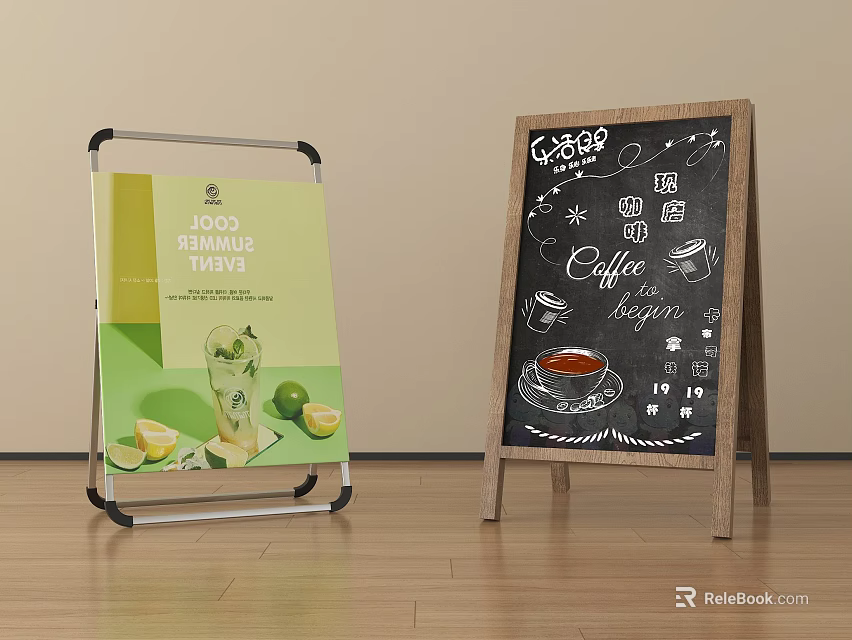 Two Different Style Display Stands with Lemonade Coffee Tea Graphics For Cafe Promotion 3d model 