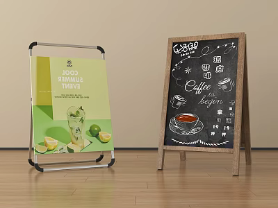 Two Different Style Display Stands with Lemonade Coffee Tea Graphics For Cafe Promotion 3d model