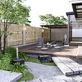 Traditional Courtyard Garden With Stepping Stones Wooden Deck Red Maple Tree And Stone Lantern