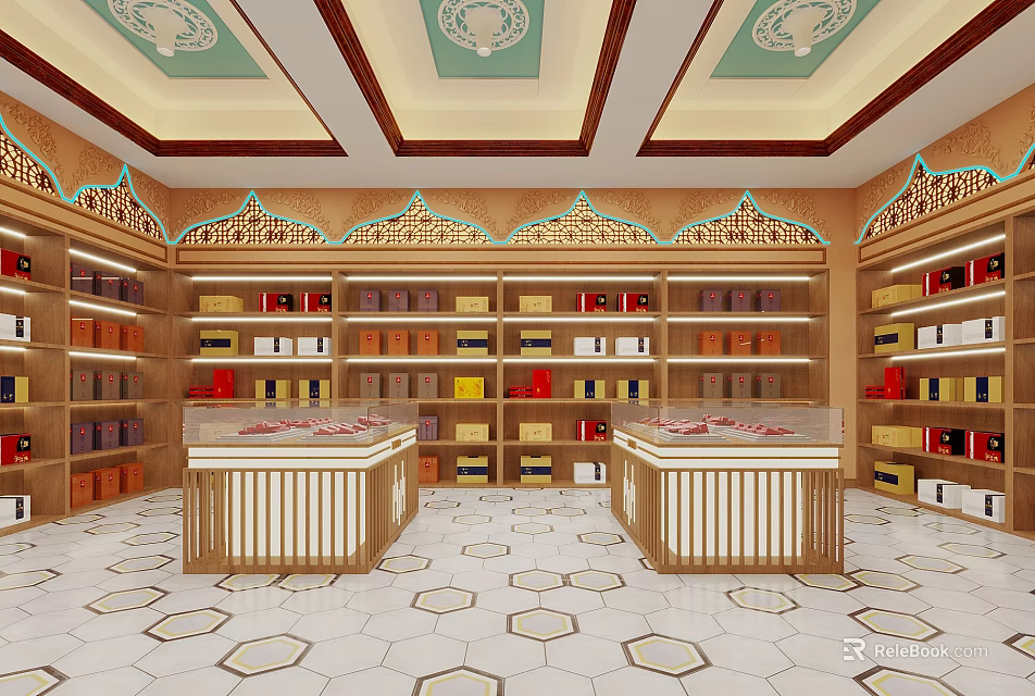 Specialty Store Interior With Display Counters Shelves Hexagonal Tiled Floor And Decorative Ceiling 3d model 