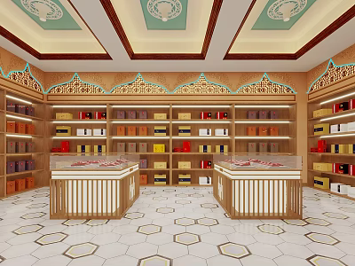 Specialty Store Interior With Display Counters Shelves Hexagonal Tiled Floor And Decorative Ceiling 3d model