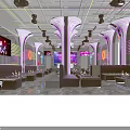 Modern Bar Interior With Neon Lights Purple Pillars Laser Beams Seating Area And Digital Screen