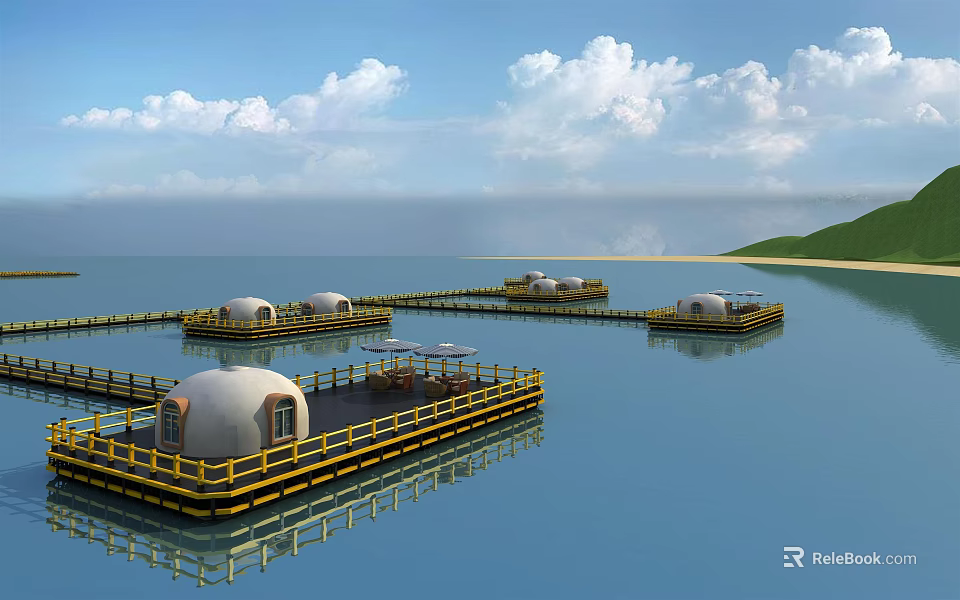 Multiple Floating Dome Structures On Calm Sea With Wooden Decks And Blue Sky 3d model 
