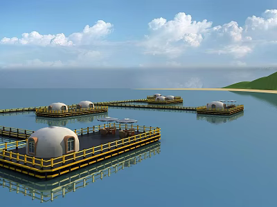 Multiple Floating Dome Structures On Calm Sea With Wooden Decks And Blue Sky 3d model