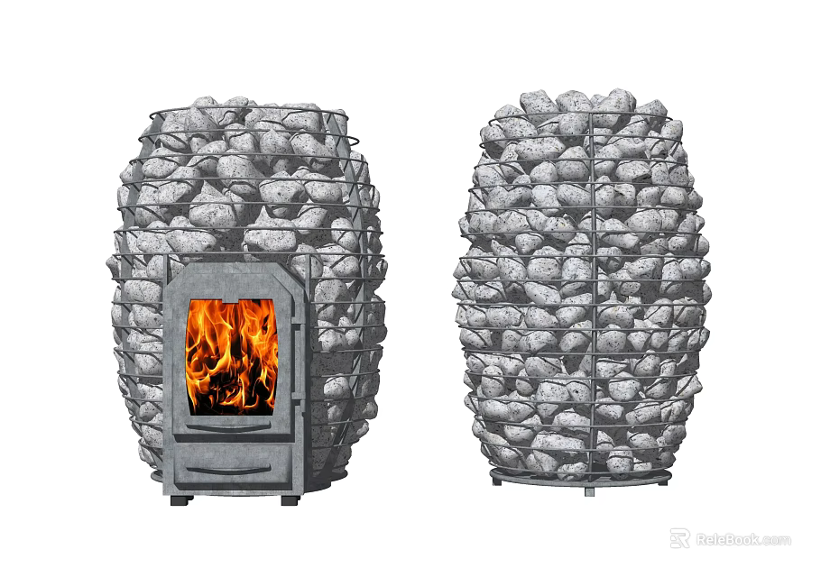 Stone Wrapped Fireplace With Burning Flames And Round Stone Structure Design 3d model