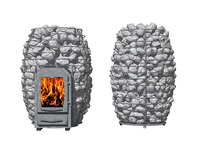 Stone Wrapped Fireplace With Burning Flames And Round Stone Structure Design 3d model