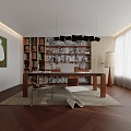 Modern Study Desk Carpet Bookcase Chandelier 3d model