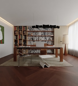 Modern Study Desk Carpet Bookcase Chandelier 3d model