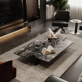 Modern Living and Dining Area With Double Height Space Large Art Painting Sofa And Chandelier