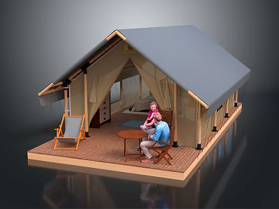 Glamping Tent Interior With Wooden Floor Bed Table Chairs And People Sitting Comfortably 3d model