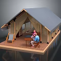 Glamping Tent Interior With Wooden Floor Bed Table Chairs And People Sitting Comfortably