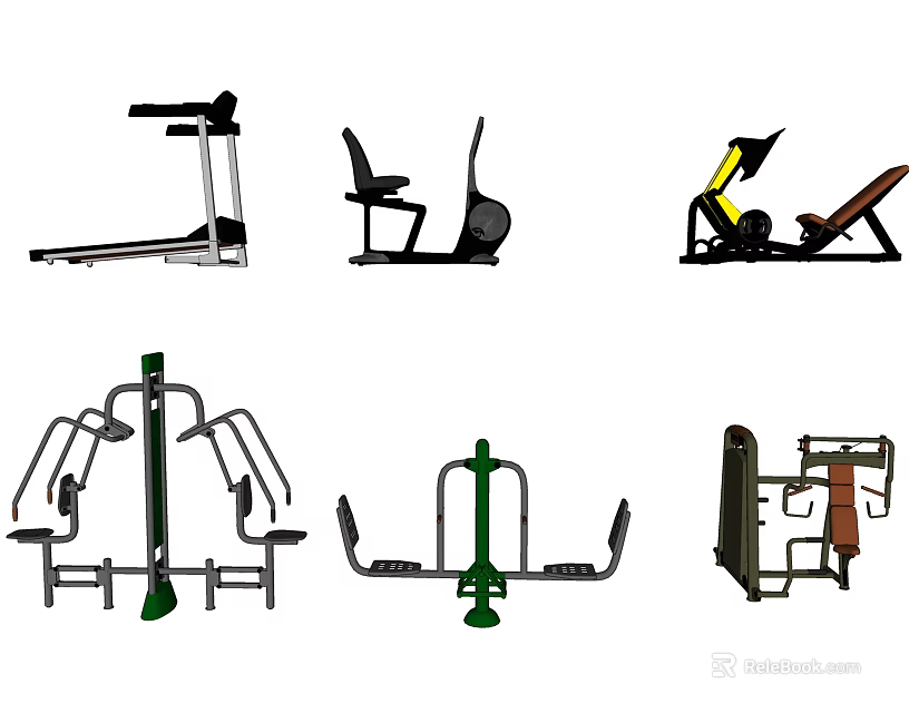 Various Types of Gym Sports Equipment Including Treadmill Exercise Bike Rowing Machines and Multi Trainers 3d model 