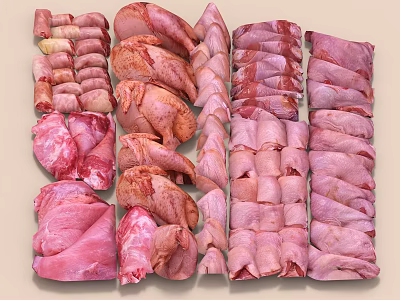 Assorted Raw Meats Displayed In Order 3d model