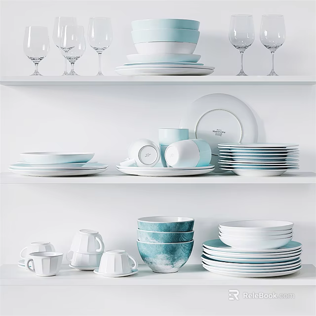 Stylish Blue And White Dinnerware Set With Stacked Plates Cups Bowls On Display Shelves 3d model 