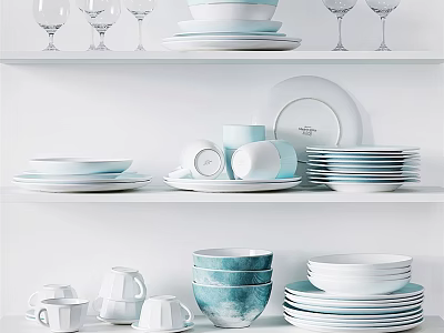 Stylish Blue And White Dinnerware Set With Stacked Plates Cups Bowls On Display Shelves 3d model