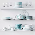 Stylish Blue And White Dinnerware Set With Stacked Plates Cups Bowls On Display Shelves