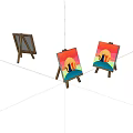 Three Wooden Easels Display Colorful Paintings With Scenic Backdrops And Artistic Details