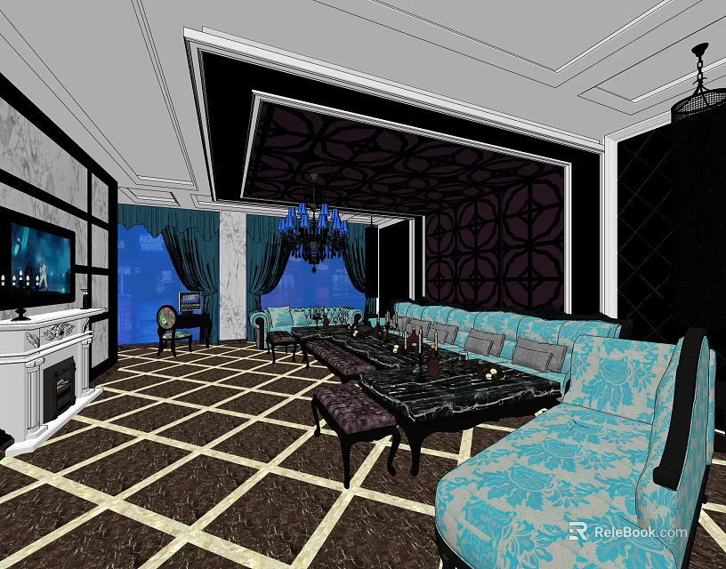 Luxurious KTV Interior Design With Blue Sofas Chandelier And Decorative Walls 3d model 