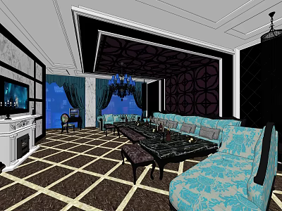 Luxurious KTV Interior Design With Blue Sofas Chandelier And Decorative Walls 3d model