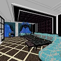 Luxurious KTV Interior Design With Blue Sofas Chandelier And Decorative Walls