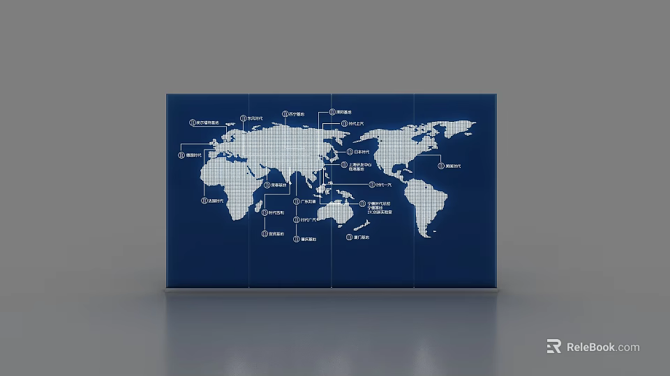 Event Display Wall Featuring White World Map on Blue Background with Country Labels 3d model 