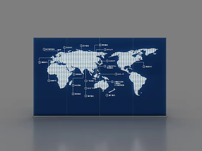 Event Display Wall Featuring White World Map on Blue Background with Country Labels 3d model