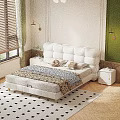 Elegant White Double Bed with Tufted Headboard Side Table Green Curtain and Chandelier