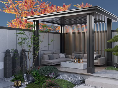 Serene Courtyard Garden With Covered Pergola Sofa Coffee Table Green Plants Stones And Red Trees 3d model
